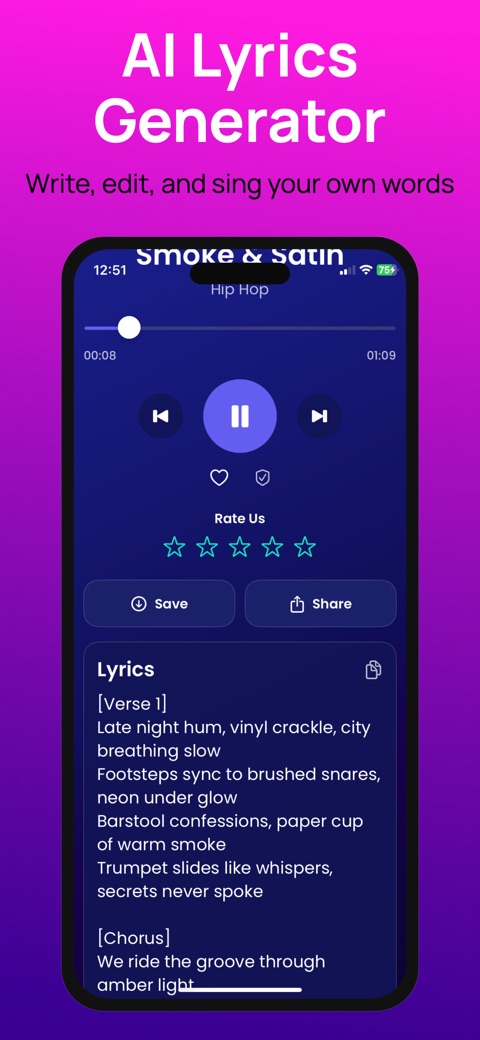 Tune Music song player showing lyrics with Save and Share controls